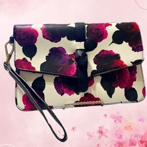 Charming Charlie Floral Rose Clutch Bag Purse Black Pink Purple Magnetic, NWOT